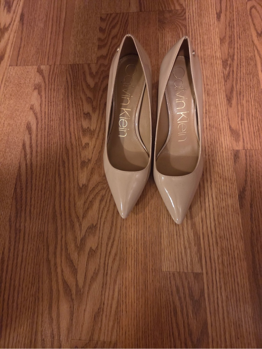 Calvin Klein Beige Patent Pointed-Toe Pumps